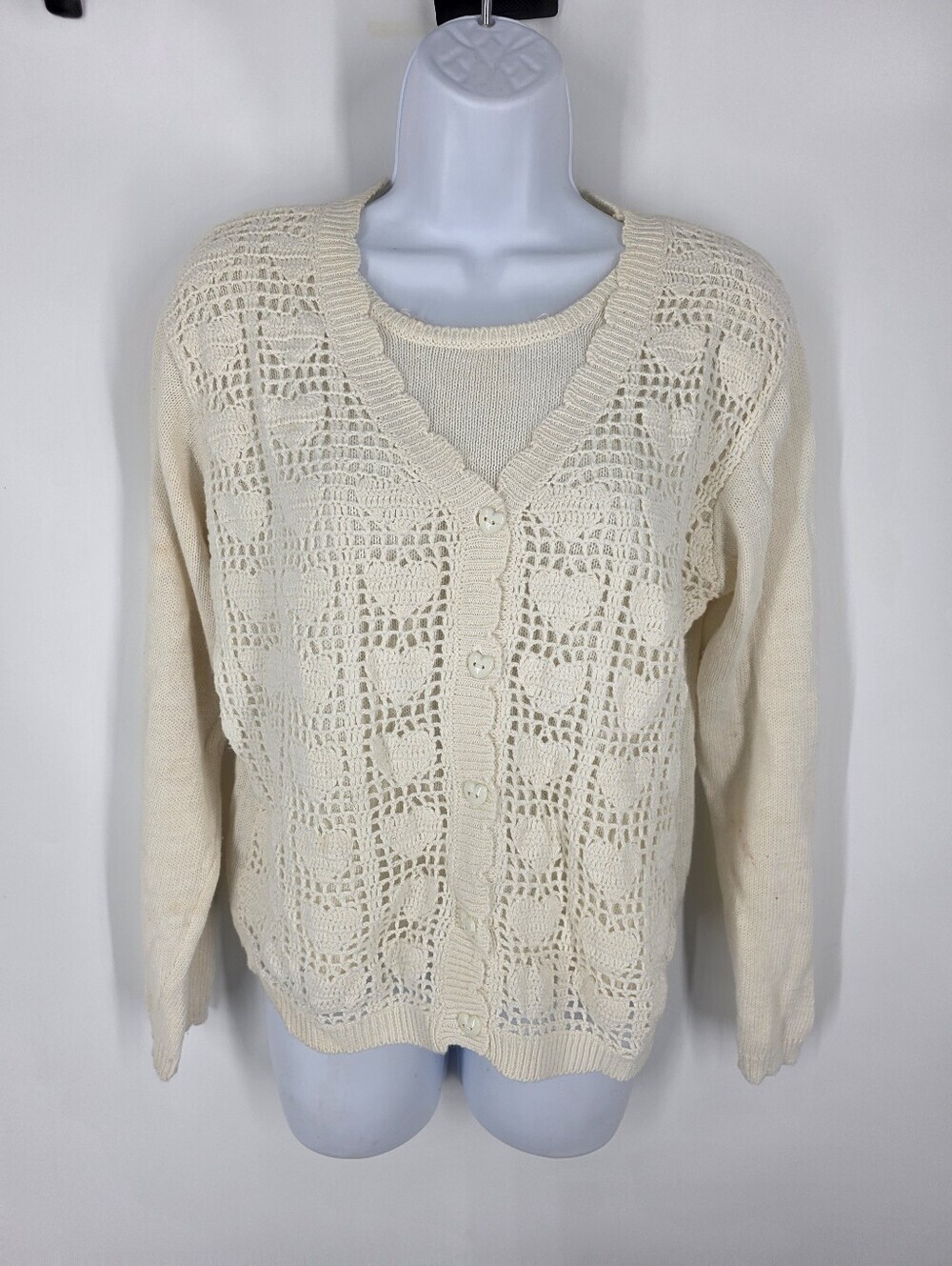 Vintage Teddi Crochet Heart Twin Set Cardigan Tank Size Medium Cream Off-White